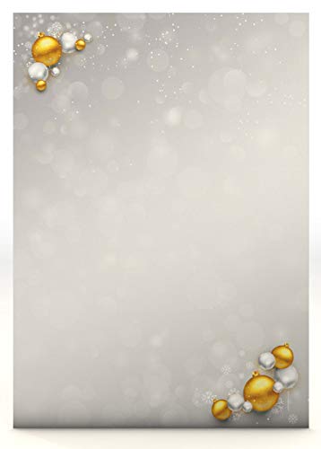 Weihnachtsbriefpapier Set | Weihnachtskugeln Gold und Silber | 50 Blatt Motivpapier A4 | 50 Briefumschläge OHNE FENSTER im DIN LANG-Format | Briefpapier Set von paperandpicture.de