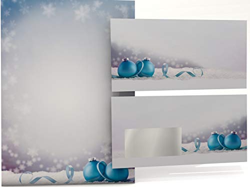 Weihnachtsbriefpapier Set | Weihnachtskugeln im Schnee | 100 Blatt Motivpapier A4 | 100 Briefumschläge OHNE FENSTER im DIN LANG-Format | Briefpapier Set von paperandpicture.de