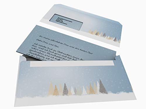 Weihnachtsbriefpapier Set | Winterlicher Märchenwald | 50 Blatt weihnachtliches Motivpapier A4 | 50 Briefumschläge MIT Sichtfenster links im DIN LANG-Format von paperandpicture.de