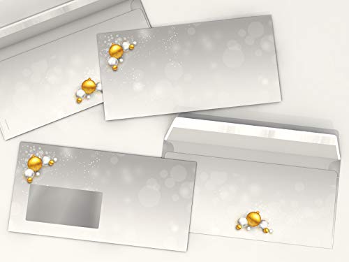 Weihnachtsbriefumschlag | Weihnachtskugeln Gold und Silber | 10 Umschläge MIT FENSTER | weihnachtliches Motiv | Briefumschlag DIN LANG von dirxbuschinger