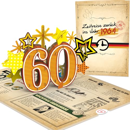 papercrush® Pop-Up Karte „Zurück ins Jahr 1964“ [NEU!] - Lustige 3D Geburtstagskarte zum 60. für Frau & Mann - witzige Glückwunschkarte zum 60 Geburtstag - besondere Verpackung für Geldgeschenk von papercrush