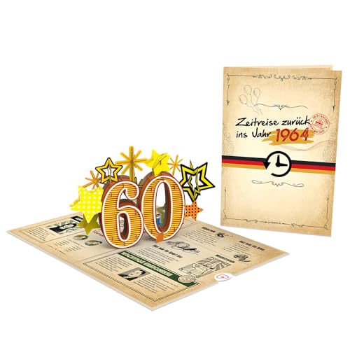 papercrush® Pop-Up Karte „Zurück ins Jahr 1964“ [NEU!] - Lustige 3D Geburtstagskarte zum 60. Geburtstag für Frau & Mann - Besondere Glückwunschkarte 60 Jahre mit lustigen Fakten zum Jahrgang von papercrush