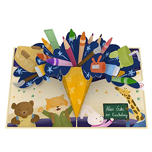 papercrush® Pop-Up Karte Einschulung - Besondere 3D Glückwunschkarte oder Geldgeschenk zum Schulanfang für Mädchen und Jungen, Handgemachte Einschulungskarte mit Schultüte für ersten Tag in der Schule von papercrush