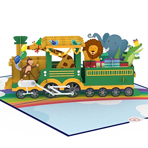 papercrush® Pop-Up Karte Eisenbahn mit Tieren – Lustige 3D Geburtstagskarte mit Lokomotive für Kinder (Mädchen & Jungen), Glückwunschkarte zum Kindergeburtstag, Gutschein für Zoobesuch von papercrush