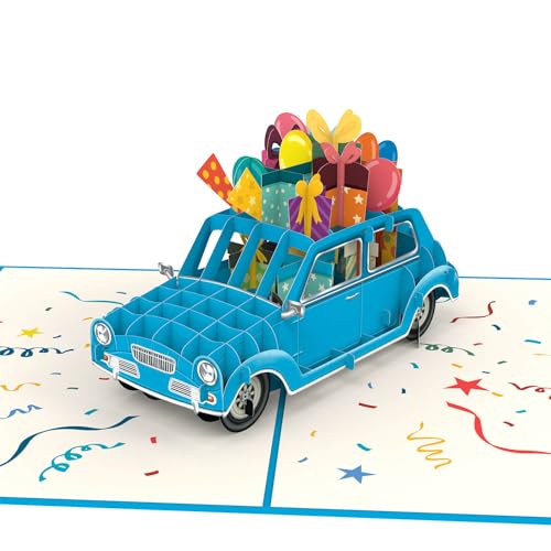papercrush® Pop-Up Karte Geburtstagsauto (Blau) - Lustige 3D Geburtstagskarte für Frau, Mann, Freund und Kinder (Mädchen & Jungen), Besondere Glückwunschkarte mit Auto für Geldgeschenk zum Geburtstag von papercrush