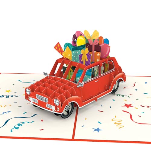 papercrush® Pop-Up Karte Geburtstagsauto (Rot) - Lustige 3D Geburtstagskarte für Frau, Freundin und Kinder (Mädchen & Jungen), Besondere Glückwunschkarte mit Auto für Geldgeschenk zum Geburtstag von papercrush