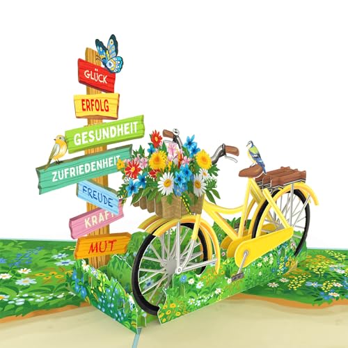 papercrush® Pop-Up Karte Gute Wünsche [NEU!] - 3D Geburtstagskarte mit Fahrrad & Blumen für Freundin, Frau oder Mama - Abschiedskarte - Gute Besserung und Mutmacher Karte bei Krankheit für Erwachsene von papercrush