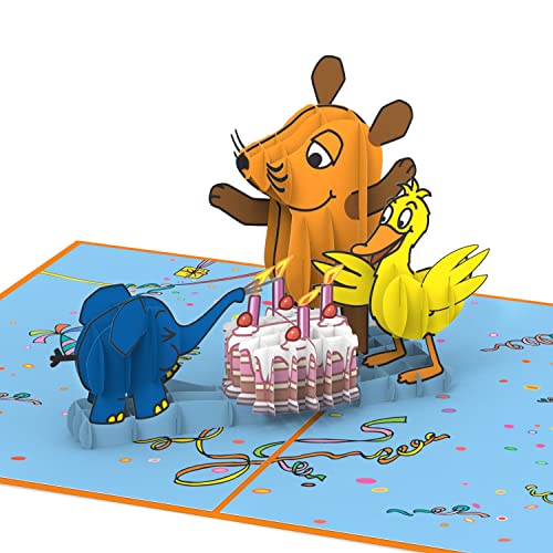 papercrush® x Die Maus Pop-Up Karte „Glückwunsch zum Geburtstag“ [NEU!] - Lustige 3D Geburtstagskarte mit Maus, Elefant, Ente und Torte für Kinder, Handgemachte Glückwunschkarte für Mädchen & Jungen von papercrush