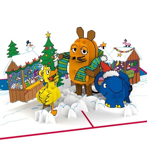 papercrush® x Die Maus Pop-Up Karte Weihnachten „Weihnachtsmarkt“ [NEU!] - Lustige 3D-Weihnachtskarte mit Maus, Elefant und Ente für Kinder, Handgemachte Geschenkkarte für Mädchen & Jungen von papercrush