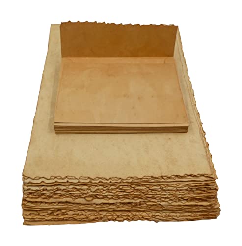 paperfreak Vintage-Antikpapier-Set – echtes handgeschöpftes Büttenpapier mit echtem ausgefranstem Antikrand, teegefärbt, kein Druck /- US-Rechnung ca. A5 8 Blatt plus 4 Umschläge C6plus von paperfreak