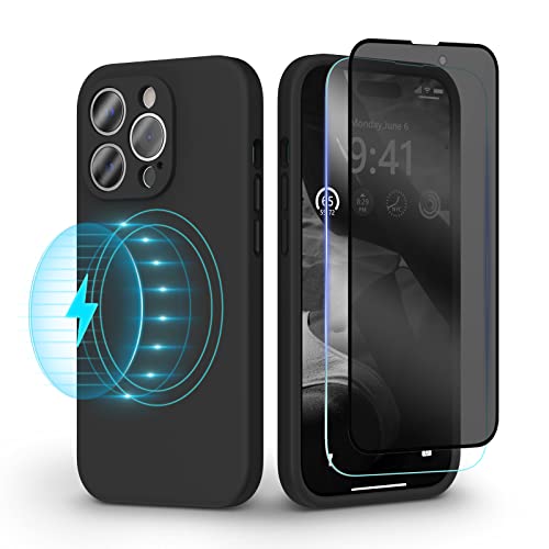 pcgaga Entworfen für iPhone 14 Pro Max Hülle Silikon mit MagSafe, 2 Displayschutzfolien aus gehärtetem Glas (1 Privatsphäre & 1 Transparent), Vollständiger Kameraschutz, 6,7 Zoll, Mitternachtsschwarz von pcgaga