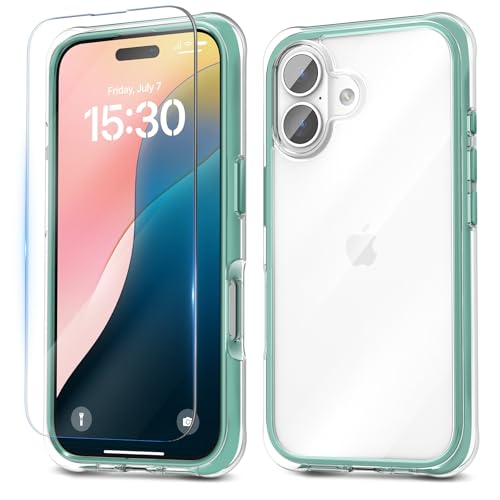 pcgaga für iPhone 16 Hülle (2024), Schutz in Militärqualität (mit stoßdämpfenden Airbags), Transparent Kratzfeste Rückseite, Anti-Vergilbung, Stoßfest Schutzhülle Case 6,1 Zoll (Grün) von pcgaga