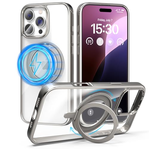 pcgaga Magnetische Handyhülle für iPhone 16 Pro 6.3" [Kompatibel mit MagSafe] [Nicht vergilbend] [Eingebauter unsichtbarer Ringständer] Stoßfest klare Hülle mit schlankem silbernen Rahmen von pcgaga