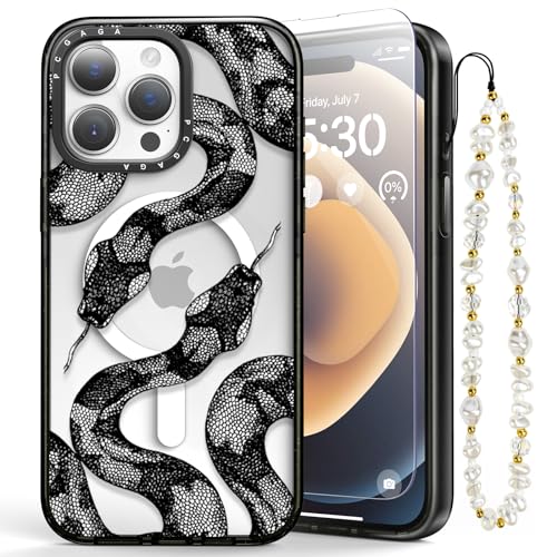 pcgaga für iPhone 15 Pro Max Hülle, kompatibel mit MagSafe, Magnetische, Stoßfest (mit 1 Perlen Handykette Kurz und 1 Stück Schutzfolie) für iPhone 15 Pro Max 6.7'' Case (Punk Schwarze Schlange) von pcgaga