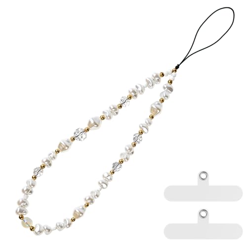 pcgaga entworfene Perle Perlen Telefon Charme, Telefon Handgelenk Riemen, handgemachte Armband Riemen, Anti-Lost Lanyard Handgelenk Kette für Airpods Frauen Mädchen Geschenk (weiße Perle) von pcgaga