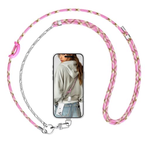 pcgaga Handykette Universal, Verstellbares Panzerkette Handyband für den Körper, Stilvolle Hip-Hop Kette Hals mit 2 Stück Universelles Patch für Meisten Handys & Handyhülle (Rosa) von pcgaga