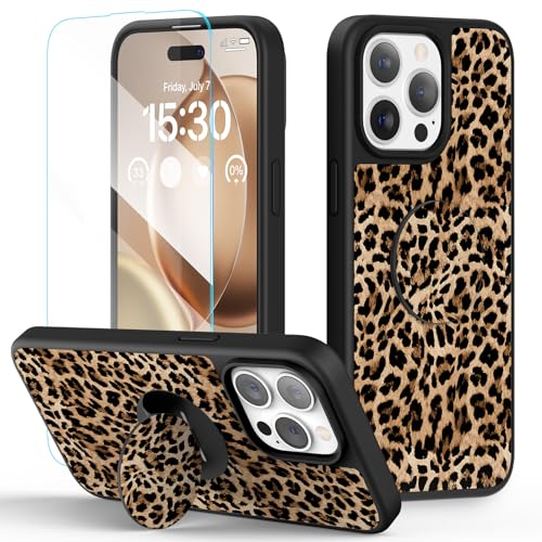 pcgaga Handytasche für iPhone 15 Pro 6.1“ - Niedliche Hülle mit Bildschirmschutz, innovativer Handheld-Ständer-Halterungsring, buntes Malerei-Design (Schwarzer Leopard) von pcgaga