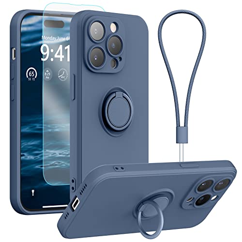 pcgaga Kompatibel mit für iPhone 14 Pro Hülle, Silikon mit Kameraschutz, Schutzfolie, Ring Halter Ständer, Handschlaufe, Mikrofaser Futter, Rundumschutz Stoßfeste Handyhülle, 6,1 Zoll (Blau) von pcgaga