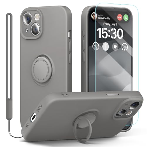 pcgaga Kompatibel mit für iPhone 15 Plus Hülle, Silikon mit Kameraschutz, Schutzfolie, Ring Halter Ständer, Handschlaufe, Mikrofaser Futter, Rundumschutz Stoßfeste Handyhülle, 6,7 Zoll (Grau) von pcgaga