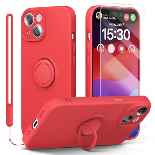 pcgaga Kompatibel mit für iPhone 15 Plus Hülle, Silikon mit Kameraschutz, Schutzfolie, Ring Halter Ständer, Handschlaufe, Mikrofaser Futter, Rundumschutz Stoßfeste Handyhülle, 6,7 Zoll (Rot) von pcgaga