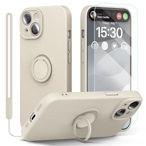 pcgaga Kompatibel mit für iPhone 15 Plus Hülle, Silikon mit Kameraschutz, Schutzfolie, Ring Halter Ständer, Handschlaufe, Mikrofaser Futter, Rundumschutz Stoßfeste Handyhülle, 6,7 Zoll (Weiß) von pcgaga