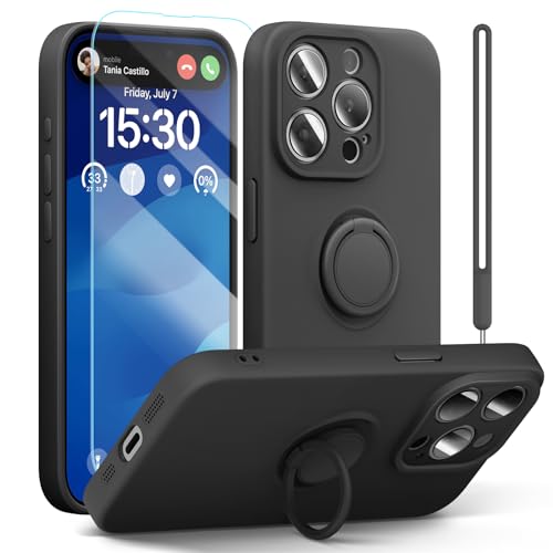 pcgaga Kompatibel mit für iPhone 15 Pro Hülle, Silikon mit Kameraschutz, Schutzfolie, Ring Halter Ständer, Handschlaufe, Mikrofaser Futter, Rundumschutz Stoßfeste Handyhülle, 6,1 Zoll (Grau) von pcgaga