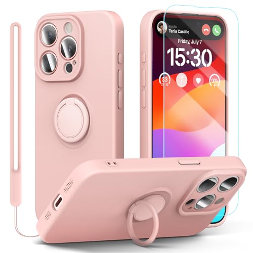 pcgaga Kompatibel mit für iPhone 15 Pro Hülle, Silikon mit Kameraschutz, Schutzfolie, Ring Halter Ständer, Handschlaufe, Mikrofaser Futter, Rundumschutz Stoßfeste Handyhülle, 6,1 Zoll (Rosa) von pcgaga
