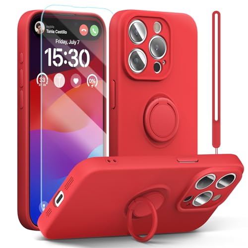 pcgaga Kompatibel mit für iPhone 15 Pro Hülle, Silikon mit Kameraschutz, Schutzfolie, Ring Halter Ständer, Handschlaufe, Mikrofaser Futter, Rundumschutz Stoßfeste Handyhülle, 6,1 Zoll (Rot) von pcgaga