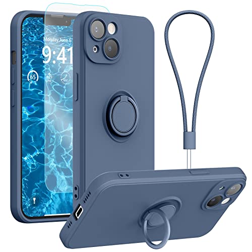 pcgaga Kompatibel mit iPhone 14 Hülle, Silikon mit Kameraschutz, Schutzfolie, Ring Halter Ständer, Handschlaufe, Mikrofaser Futter, Rundumschutz Stoßfeste Handyhülle, 6,1'' (Blau) von pcgaga