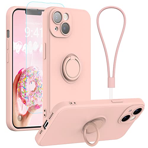 pcgaga Kompatibel mit iPhone 14 Hülle, Silikon mit Kameraschutz, Schutzfolie, Ring Halter Ständer, Handschlaufe, Mikrofaser Futter, Rundumschutz Stoßfeste Handyhülle, 6,1'' (Rosa) von pcgaga