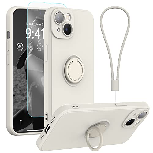 pcgaga Kompatibel mit iPhone 14 Hülle, Silikon mit Kameraschutz, Schutzfolie, Ring Halter Ständer, Handschlaufe, Mikrofaser Futter, Rundumschutz Stoßfeste Handyhülle, 6,1'' (Weiß) von pcgaga