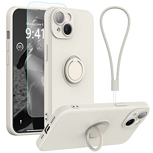pcgaga Kompatibel mit für iPhone 14 Hülle, Silikon mit Kameraschutz, Schutzfolie, Ring Halter Ständer, Handschlaufe, Mikrofaser Futter, Rundumschutz Stoßfeste Handyhülle, 6,1 Zoll (Weiß) von pcgaga