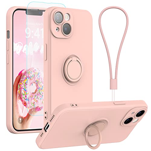 pcgaga Kompatibel mit für iPhone 14 Plus Hülle, Silikon mit Kameraschutz, Schutzfolie, Ring Halter Ständer, Handschlaufe, Mikrofaser Futter, Rundumschutz Stoßfeste Handyhülle, 6,7 Zoll (Rosa) von pcgaga