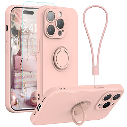 pcgaga Kompatibel mit iPhone 14 Pro Hülle, Silikon mit Kameraschutz, Schutzfolie, Ring Halter Ständer, Handschlaufe, Mikrofaser Futter, Rundumschutz Stoßfeste Handyhülle, 6,1'' (Rosa) von pcgaga