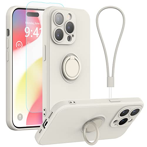 pcgaga Kompatibel mit für iPhone 14 Pro Hülle, Silikon mit Kameraschutz, Schutzfolie, Ring Halter Ständer, Handschlaufe, Mikrofaser Futter, Rundumschutz Stoßfeste Handyhülle, 6,1 Zoll (Weiß) von pcgaga