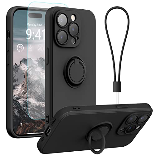 pcgaga Kompatibel mit iPhone 14 Pro Max Hülle, Silikon mit Kameraschutz, Schutzfolie, Ring Halter Ständer, Handschlaufe, Mikrofaser Futter, Rundumschutz Stoßfeste Handyhülle, 6,7'' (Schwarz) von pcgaga