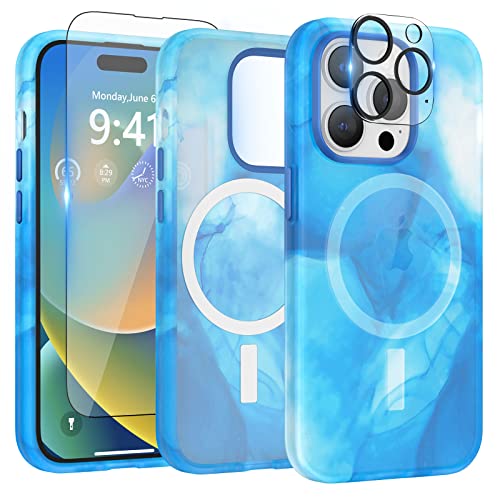 pcgaga Magnetische Hülle mit MagSafe für iPhone 14 Pro, Displayschutzfolie aus gehärtetem Glas und Kameraobjektivschutz, durchscheinend-Matte, Flexible Slim-Dünn-Handyabdeckung, 6,1 Zoll (Blau) von pcgaga