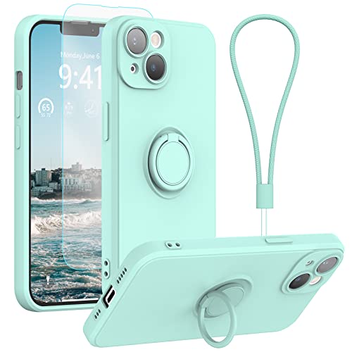 pcgaga Silicone Phone Case for iPhone 14 Plus with Screen Protector [Ring Holder Stand] [Wrist Strap] [Microfiber Lining] Slim Shockproof Protective Cover, 6.7 Inch, Mint Green von pcgaga