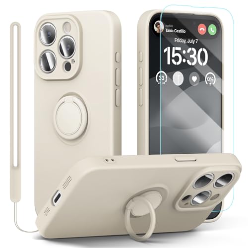 pcgaga Silikon-Handyhülle für iPhone 15 Pro Max mit Displayschutzfolie [Ringhalter-Ständer] [Handschlaufe] [Mikrofaserfutter] schlanke, stoßfeste Schutzhülle, 16,7 cm (6,7 Zoll) (weiß) von pcgaga