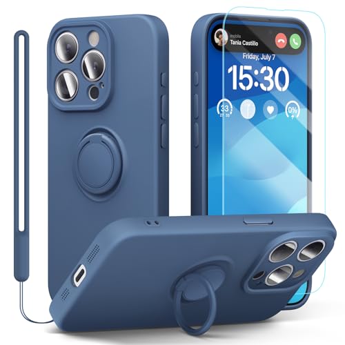 pcgaga Silikon-Schutzhülle für iPhone 15 Pro, mit Displayschutzfolie, Ringhalter-Ständer, Handgelenkschlaufe, Mikrofaser-Innenfutter, schmale, stoßfeste Schutzhülle, 6,1 Zoll, Blau von pcgaga