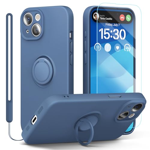 pcgaga Silikon-Schutzhülle für iPhone 15, mit Displayschutzfolie, Ringhalter-Ständer, Handgelenkschlaufe, Mikrofaser-Innenfutter, schmale, stoßfeste Schutzhülle, 6,1 Zoll (Blau) von pcgaga