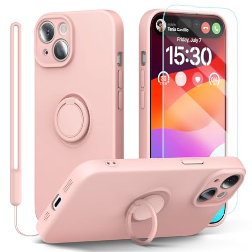 pcgaga Silikon-Schutzhülle für iPhone 15, mit Displayschutzfolie, Ringhalter-Ständer, Handgelenkschlaufe, Mikrofaser-Innenfutter, schmale, stoßfeste Schutzhülle, 6,1 Zoll (Rosa) von pcgaga