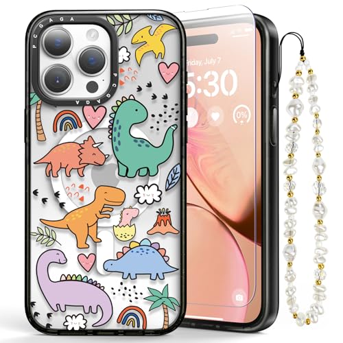 pcgaga für iPhone 15 Pro Max Hülle, kompatibel mit MagSafe, Magnetische, Stoßfest (mit 1 Perlen Handykette Kurz und 1 Stück Schutzfolie) für iPhone 15 Pro Max 6.7'' Case (Dinosaurier) von pcgaga