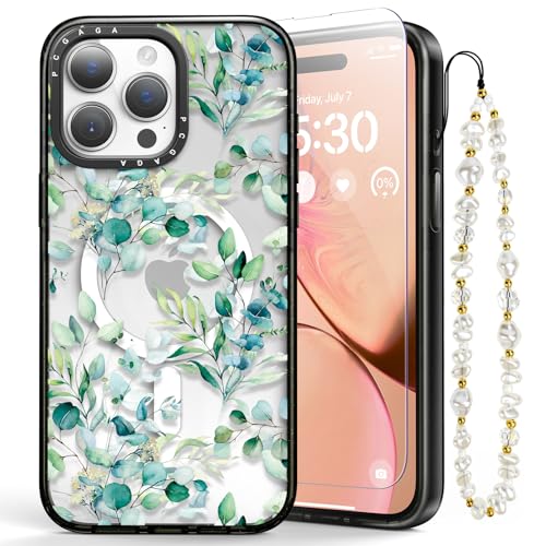 pcgaga für iPhone 15 Pro Max Hülle, kompatibel mit MagSafe, Magnetische, Stoßfest (mit 1 Perlen Handykette Kurz und 1 Stück Schutzfolie) für iPhone 15 Pro Max 6.7'' Case (Eukalyptus) von pcgaga