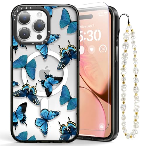 pcgaga für iPhone 15 Pro Max Hülle, kompatibel mit MagSafe, Magnetische, Stoßfest (mit 1 Perlen Handykette Kurz und 1 Stück Schutzfolie) für iPhone 15 Pro Max 6.7'' Case (Schmetterling) von pcgaga