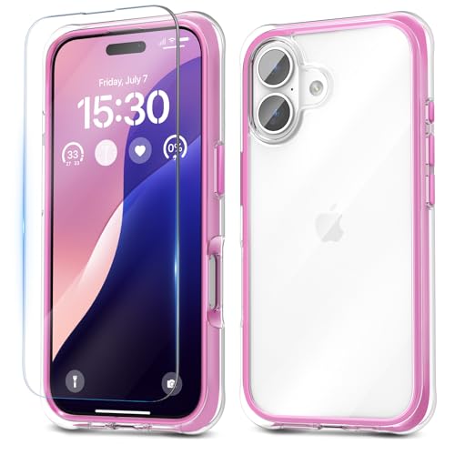 pcgaga für iPhone 16 Hülle (2024), Schutz in Militärqualität (mit stoßdämpfenden Airbags), Transparent Kratzfeste Rückseite, Anti-Vergilbung, Stoßfest Schutzhülle Case 6,1 Zoll (Rosa) von pcgaga