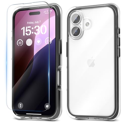 pcgaga für iPhone 16 Hülle (2024), Schutz in Militärqualität (mit stoßdämpfenden Airbags), Transparent Kratzfeste Rückseite, Anti-Vergilbung, Stoßfest Schutzhülle Case 6,1 Zoll (Schwarz) von pcgaga