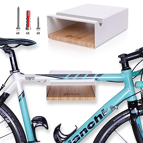 pedl® Fahrrad Wandhalterung - Design Fahrrad Aufhängung Aluminium & Holz für Rennrad, Fixie, E-Bike, Mountainbike - Indoor Fahrradhalterung für Wohnung, Wohnzimmer, Garage - mit Bamboo Regal (Weiß) von pedl