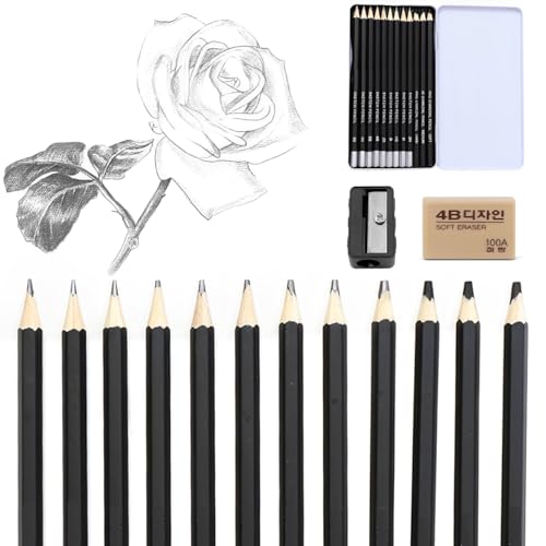 Bleistift Set (12 Stück), Zeichenbleistifte, Skizzier und Zeichenstifte Set, 2H, H, HB, B, 2B, 4B, 5B, 6B, 8B,Weich, mittel, hart, Skizzienstifte mit Spitzer und Radiergummi, Schwarz von peiqiup