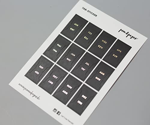 pen & pages® Tab Sticker ''Monate'' - Monats-Register zum Ankleben (schwarz/gold) von pen & pages